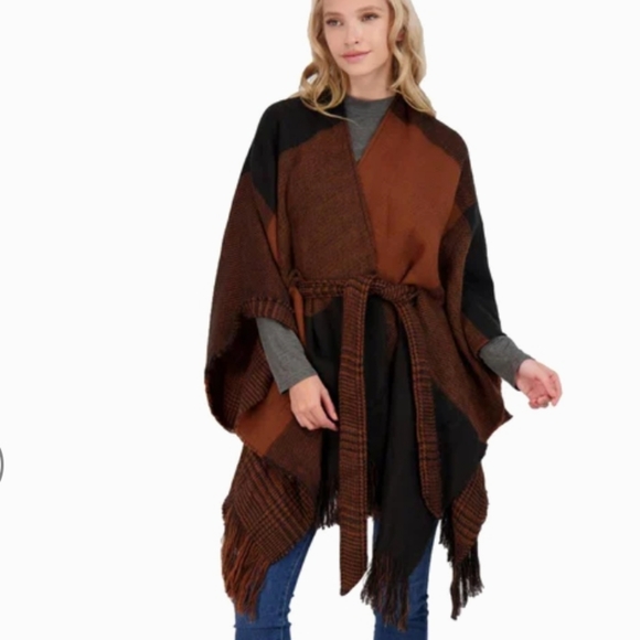 Halston Ruana Wrap - Belted Cardigan Sweater Burgandy Navy NWT - Picture 12 of 12